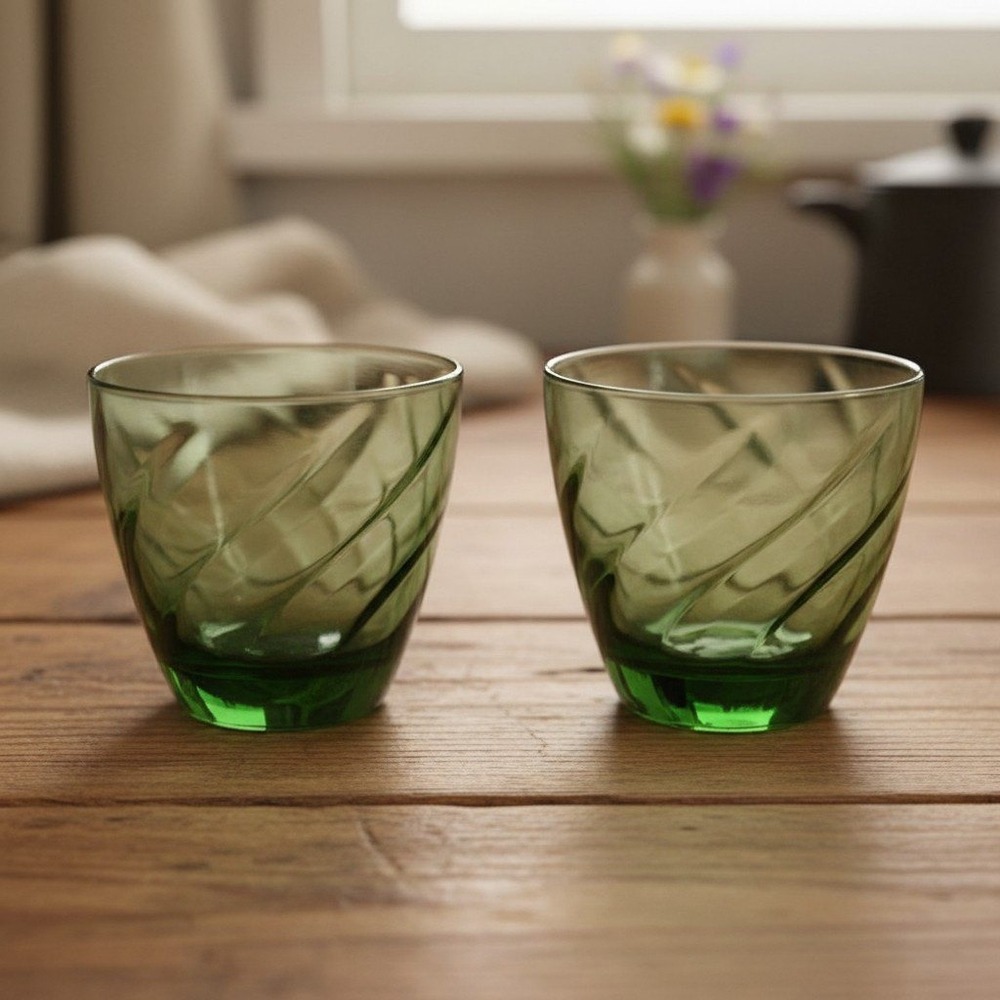 Libbey Avocado Green Swirl Lowball Tumblers, Set of 2, Vintage Glass Drinkware
